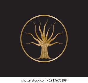 Abstract dry tree logo with gold shiny and metallic color, vector 