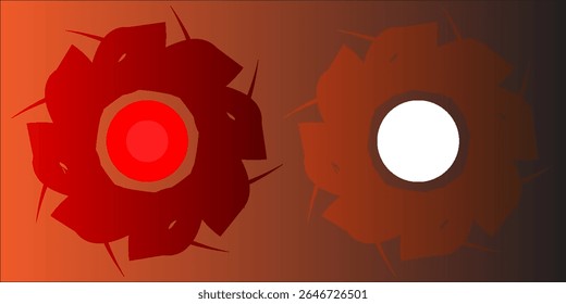 Design de flor dupla abstrato com centros vermelhos e brancos brilhantes em um fundo marrom gradiente, apresentando pétalas simétricas e pontiagudas em um estilo digital.