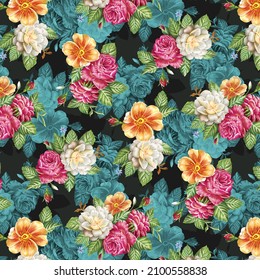 abstract dual-color flowers with monochrome flowers background all over vector design illustration digital image for textiles