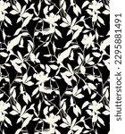 abstract dual-color sketch solid black and white flower with leaves, all over vector design with solid background illustration digital image for textile printing factory