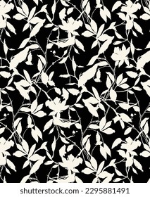 abstract dual-color sketch solid black and white flower with leaves, all over vector design with solid background illustration digital image for textile printing factory - Shutterstock ID 2295881491