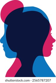 Abstract Dual-Silhouette Profile of a man and a woman in Overlapping pink and blue Colors