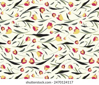 abstract dual-tone vector simple solid tulips flower arrangement, all-over seamless pattern with red and yellow tone color illustration digital image printing factory