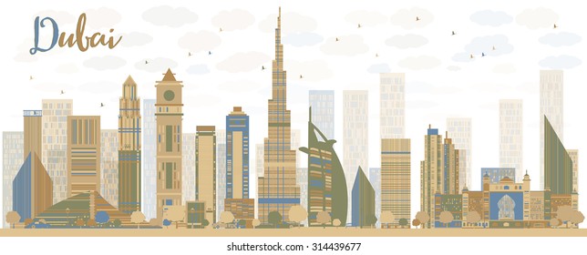 Abstract Dubai City skyline with color skyscrapers. Vector illustration. Business travel concept. Illustration for tourism presentation or web site. Famous tourism destination and place for vacation