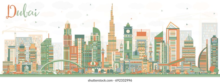 Abstract Dubai UAE Skyline with Color Buildings. Vector Illustration. Business Travel and Tourism Illustration with Modern Architecture. Image for Presentation Banner Placard and Web Site.