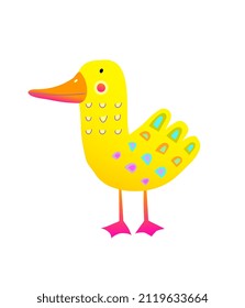 Abstraktes Entenvogeldesign für Kinder. Feines buntes und gesättigtes abstraktes Design, zeitgenössischer Cartoon für Kinderdesign. Geometrische, gelbe Ente, trendige, strukturierte Kunstwerke. Vektorgrafik.