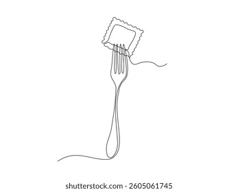 Abstract Dumplings, ravioli on the fork, continuous single one line art hand drawing sketch logo 
