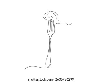 Abstract Dumplings, ravioli on the fork, continuous single one line art hand drawing sketch logo 