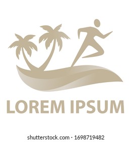 Abstract dune with palms and running human figure, vector logo template 