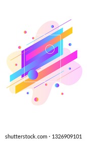 Abstract duotone geometric design, liquid color, circular and angled elements, pink, ultraviolet, yellow and blue colors. Vector illustration