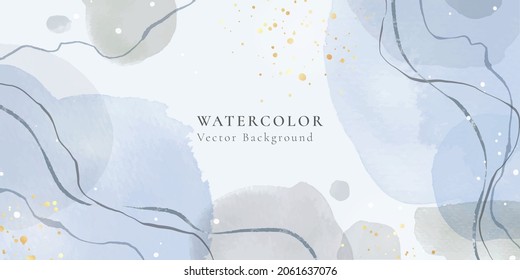 Abstract dusty blue and pastel grey liquid watercolor background with wavy lines and gold stains. Pastel elegant minimal modern horizontal header. Vector illustration, watercolour wallpaper.