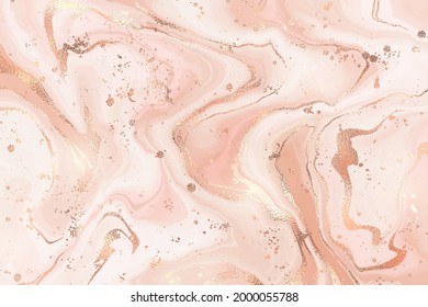 Abstract dusty blush liquid marble background with copper foil textured stripes. Pastel marbled alcohol ink drawing effect. Vector illustration of pattern design with metallic waves.