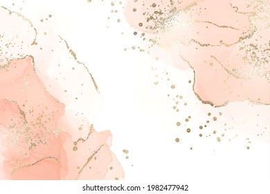 Abstract dusty blush liquid marbled watercolor background with golden cracks and stains. Pastel marble alcohol ink drawing effect with gold metallic foil. Vector illustration for wedding invitation.
