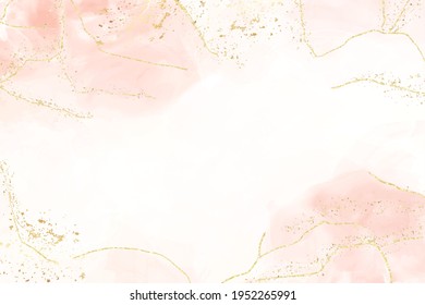 Abstract dusty blush liquid watercolor background with golden crackers. Pastel pink marble alcohol ink drawing effect. Vector illustration design template for wedding invitation.