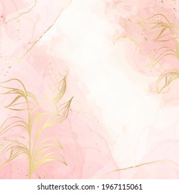 Abstract dusty blush liquid watercolor background with gold floral decoration elements. Pastel pink marble alcohol ink drawing effect and golden branches. Vector illustration of elegant wallpaper.