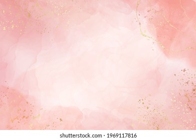 Abstract dusty blush liquid watercolor background with golden crackers. Pastel pink marble alcohol ink drawing effect. Vector illustration design template for wedding invitation.