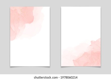 Abstract dusty blush liquid watercolor background with golden crackers. Pastel pink marble alcohol ink drawing effect. Vector illustration design template for wedding invitation.