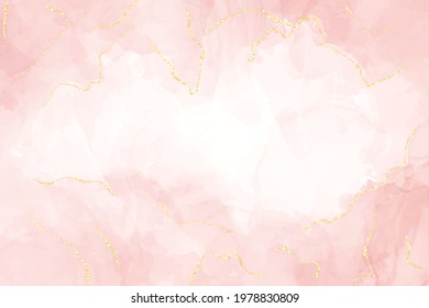 Abstract dusty blush liquid watercolor background with gold lines. Pastel rose marble alcohol ink drawing effect and golden foil cracks. Vector illustration design for wedding invitation.