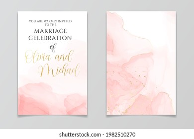 Abstract dusty blush liquid watercolor background with golden crackers. Pastel pink marble alcohol ink drawing effect. Vector illustration design template for wedding invitation.