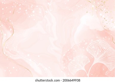 Abstrakter, staubiger, flüssiger Hintergrund mit weißem Ginkgo-Blätter. Pastellrosa Marmoralkohol-Malereffekt, Goldlinien und Blumenelemente. Vektorgrafik eleganter Tapeten.