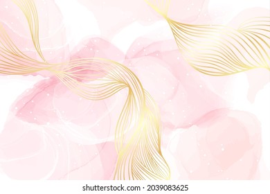 Abstract dusty blush liquid watercolor background with golden wavy lines. Pastel pink marble alcohol ink drawing effect. Vector illustration design template for wedding invitation.