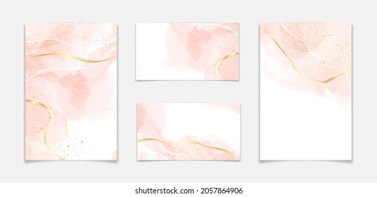 Abstract dusty blush liquid watercolor background with golden cracks. Pastel pink marble alcohol ink drawing effect. Vector illustration design template for wedding invitation.