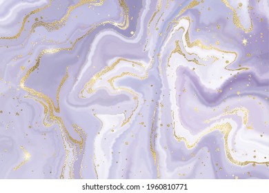 Abstract dusty lavender liquid marble or watercolor background with gold glitter foil textured stripes. Pastel mauve marbled alcohol ink drawing effect. Vector illustration of luxury wedding backdrop.