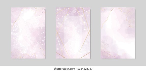 Abstract dusty lavender liquid watercolor background with golden lines, frame and stains. Pastel marble alcohol ink drawing effect. Vector illustration of acrylic fluid art painting.