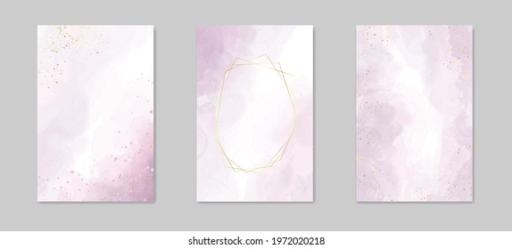 Abstract dusty lavender liquid watercolor background with golden lines, frame and stains. Pastel marble alcohol ink drawing effect. Vector illustration of acrylic fluid art painting.