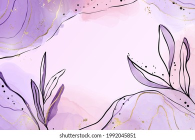 Abstract dusty pink and blush liquid watercolor background with branch and gold foil elements. Pastel alcohol ink drawing effect with golden stains. Vector illustration of botanical elegant wallpaper.