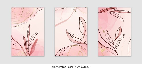 Abstract dusty pink and blush liquid watercolor background with branch and gold foil elements. Pastel alcohol ink drawing effect with golden stains. Vector illustration of botanical elegant wallpaper.