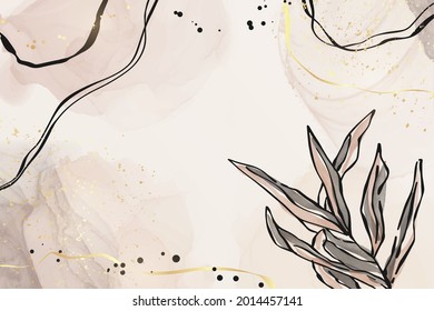 Abstract dusty pink and grey liquid watercolor background with branch and gold foil elements. Pastel alcohol ink drawing effect with golden stains. Vector illustration of botanical elegant wallpaper.
