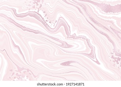 Abstract dusty pink liquid marble or watercolor background with glitter foil textured stripes . Pastel marbled alcohol ink drawing effect. Vector illustration design template for wedding invitation