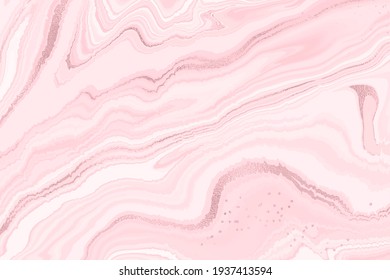 Abstract dusty pink liquid marble background with glitter pink foil textured stripes. Pastel marbled alcohol ink drawing effect. Vector illustration of pattern design with rose gold splatter