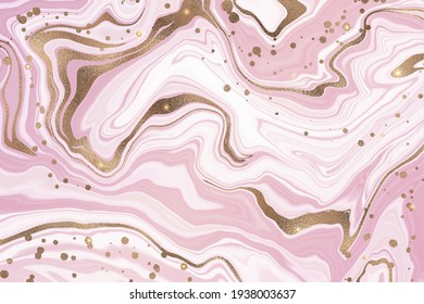 Abstract dusty pink liquid marble background with shiny glitter and gold foil textured stripes. Pastel marbled alcohol ink drawing effect. Vector illustration of pattern design with golden splatter