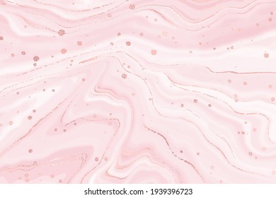 Abstract dusty pink liquid marble background with glitter, pink foil textured stripes. Pastel marbled alcohol ink drawing effect. Vector illustration of pattern design with rose gold splatter