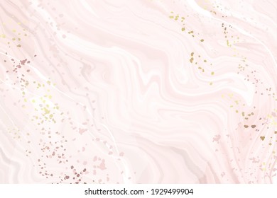 Abstract dusty pink liquid marbled watercolor background with golden crackers. Pastel marble alcohol ink drawing effect. Vector illustration design template for wedding invitation
