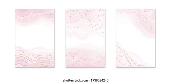 Abstract dusty pink liquid watercolor background with golden lines, dots and stains. Pastel blush marble alcohol ink drawing effect. Vector illustration design template for wedding invitation