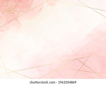 Abstract dusty pink liquid watercolor background with golden polygonal lines. Pastel marble alcohol ink drawing effect. Vector illustration design template for wedding invitation.