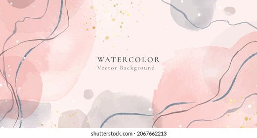 Abstract dusty pink and pastel grey liquid watercolor background with wavy lines and gold stains. Pastel elegant minimal modern horizontal header. Vector illustration, watercolour wallpaper.
