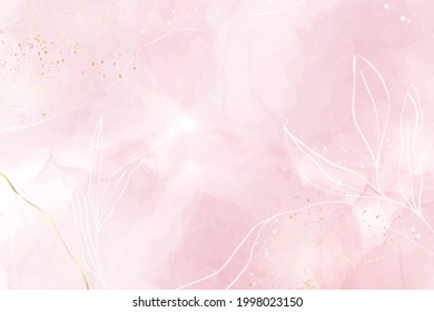 Abstract dusty rose blush liquid watercolor background with gold, floral decoration elements. Pastel pink marble alcohol ink drawing effect, golden lines and branches. Vector illustration.