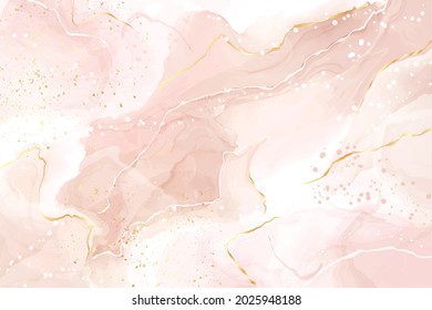 Abstract dusty rose blush liquid watercolor background with gold dots and lines. Pastel pink marble alcohol ink drawing effect, golden splash elements. Vector illustration of contemporary wallpaper.