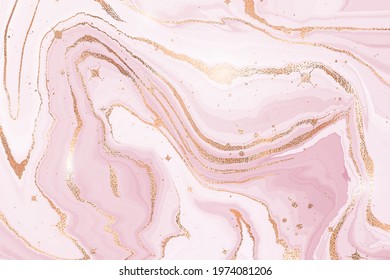 Abstract dusty rose liquid marble or watercolor background with glitter foil textured stripes. Pastel marbled alcohol ink drawing effect. Vector illustration design template for wedding invitation.