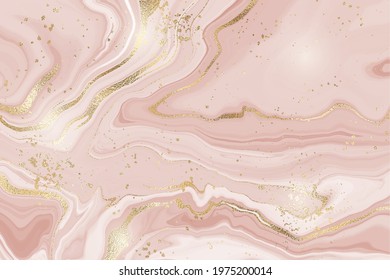 Abstract dusty rose liquid marble or watercolor background with glitter foil textured stripes. Pastel marbled alcohol ink drawing effect. Vector illustration design template for wedding invitation.