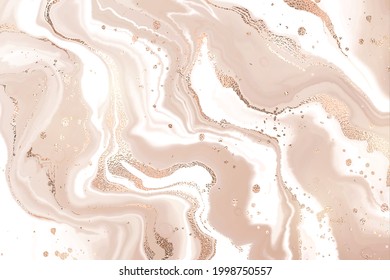 Abstract dusty rose liquid marble or watercolor background with glitter foil textured stripes. Pastel marbled alcohol ink drawing effect. Vector illustration design template for wedding invitation.