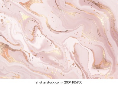 Abstract dusty rose liquid marble or watercolor background with glitter foil textured stripes. Violet marbled alcohol ink drawing effect. Vector illustration design template for wedding invitation.
