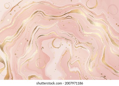 Abstract dusty rose liquid marble or watercolor background with glitter foil textured stripes. Pastel marbled alcohol ink drawing effect. Vector illustration design template for wedding invitation.