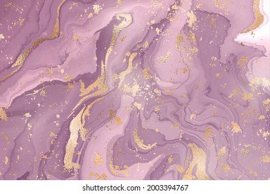 Abstract dusty violet liquid marble or watercolor background with gold glitter stripes and stains. Purple marble alcohol ink drawing effect. Vector illustration design template for wedding invitation.