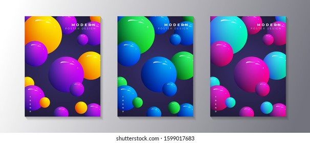 Abstract Dynamic 3d sphere Bubbles Design Set, glowing gradient neon balls, modern trendy poster or banner design vector template
