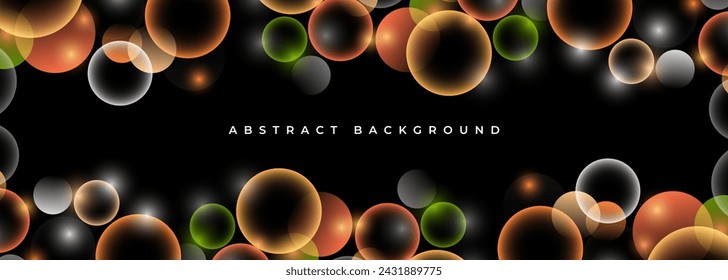 Abstract dynamic background with 3D colorful circles. Black wide banner with liquid colored bubble shapes. Vector illustration
